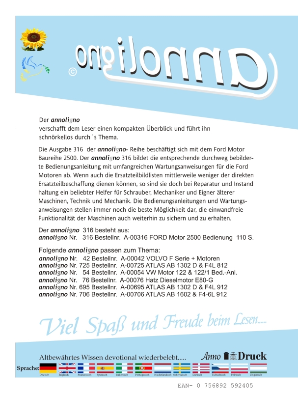 FORD Motor Baureihe 2500 Bild- Bedienungsanleitung & Wartungsanweisungen - annoligno 316